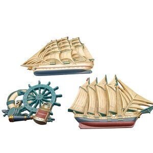 Set Of 3 Vintage Home Interiors Wall Hangings Featuring Ships & Helm Burwood Coa
